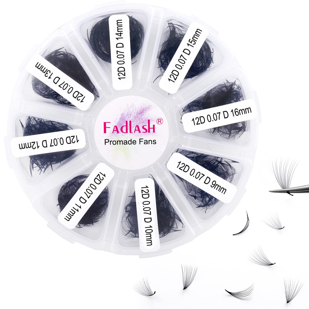 Fadlash Pre Made Fan Eyelash Extensions 12D 0.07Mm D Curl 1000Pcs Promade Loose Fans Lashes 9-16Mm Mixed Tray Pre Fanned Russian Lashes Handmade Premade Lash