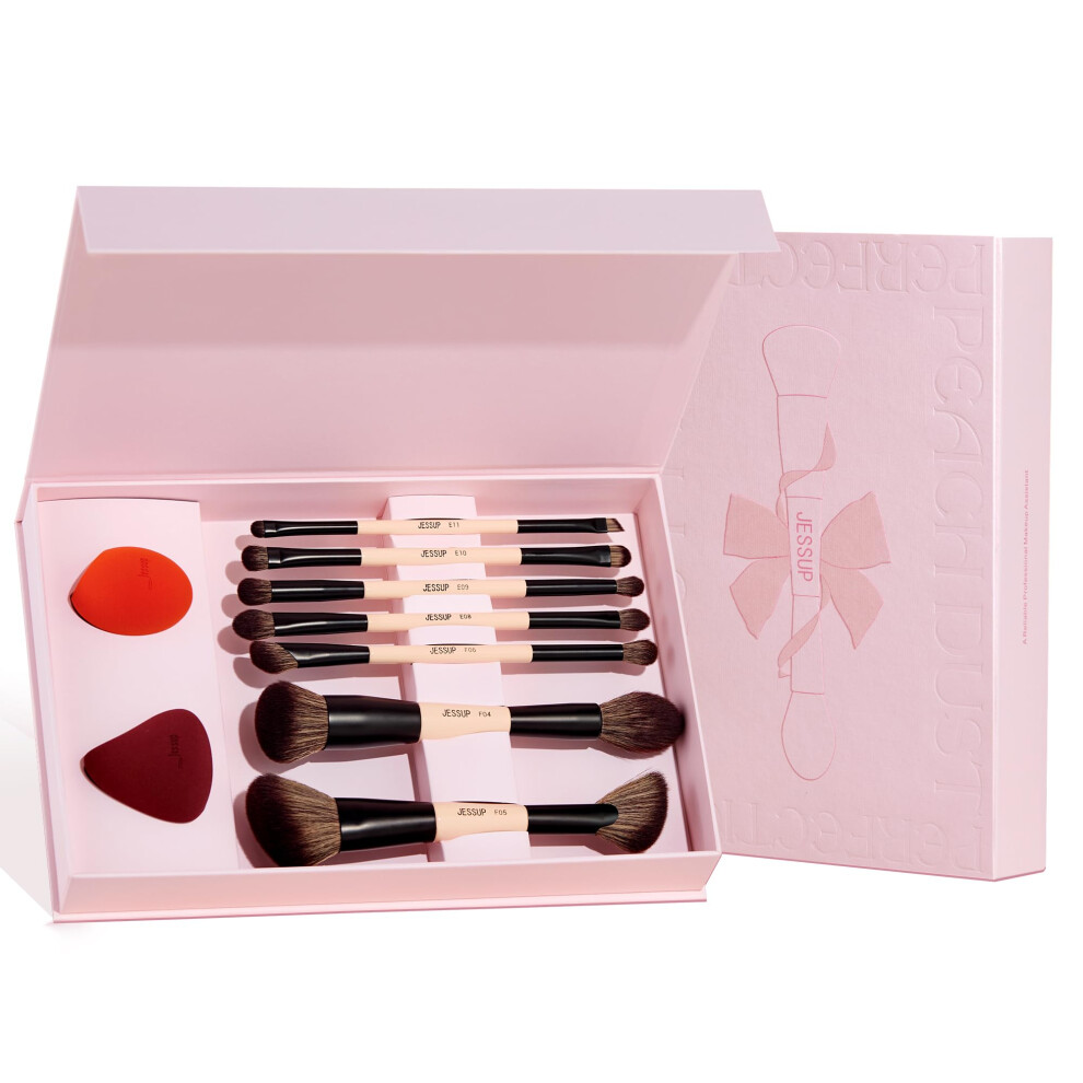 Jessup Makeup Brushes Set With Makeup Sponge, 7Pcs Double Sided Makeup Brushes For Foundation Concealer Blush Eyeshadow Contour Bronzer Powder