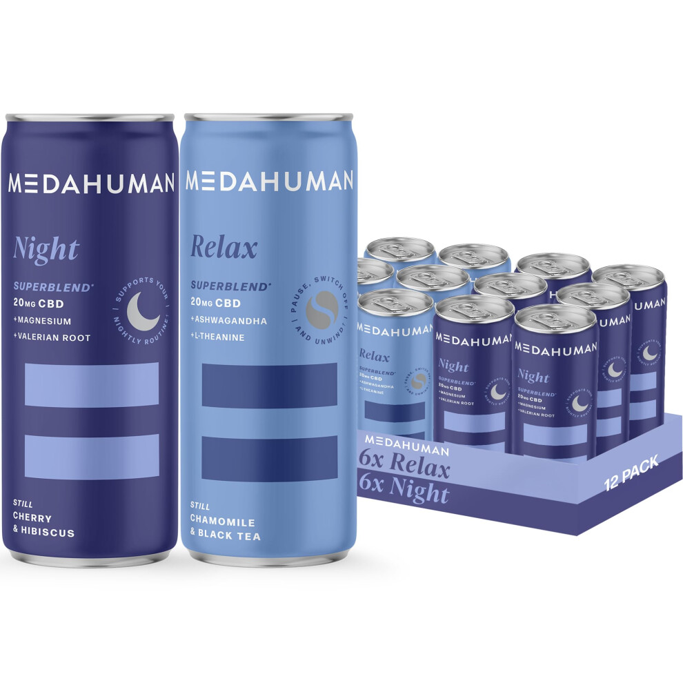 Medahuman Black Cbd Still Drink Mixed Pack ? Night (Sour Cherry & Hibiscus) & Relax (Chamomile & Tea) With Ashwagandha, Valerian Root, L-Theanine,