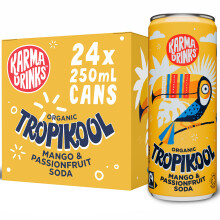Karma Drinks Tropikool - Mango and Passionfruit Fizzy Soft Drink - 24 x 250ml Cans - Fairtrade, Organic & Vegan