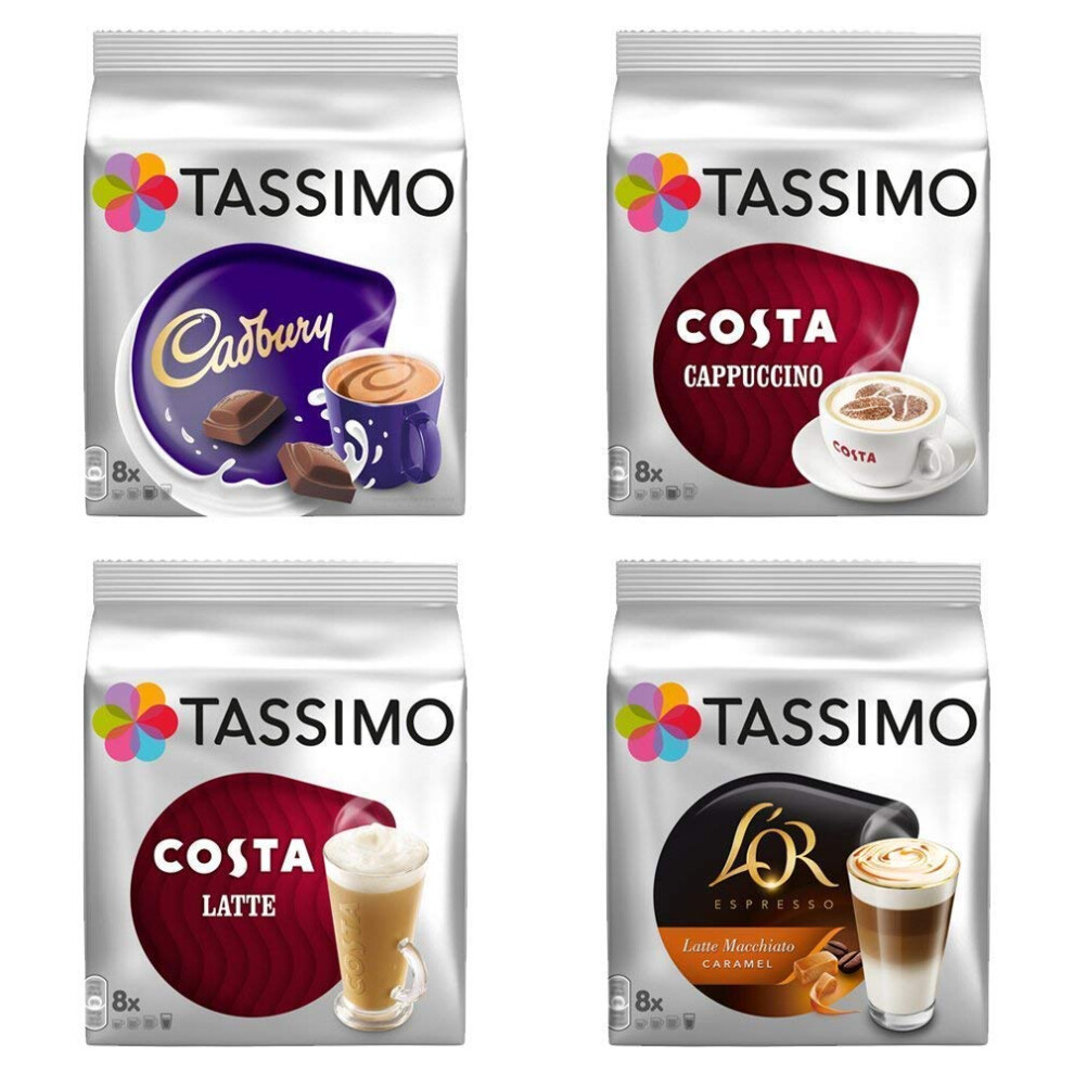 Tassimo Costa Cappuccino + Cadbury + Costa Latte + L'or Latte Macchiato Caramel X 4 Favourite Packs, Total 56 Discs