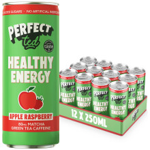 PerfectTed Apple Raspberry Healthy Energy Drink, 12 x 250ml Cans, All-Natural Green Tea Caffeine (80mg) & L-Theanine | Low Calorie (30KCAL) | Vegan |