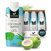 Foodin Organic Coconut Water - 100% Natural Coconut Water with Electrolytes - Gluten Free, Low Calorie, Fat Free, Vegan - Pack of 12 (12 x 330 ml)