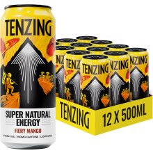 TENZING Super Natural Energy Drink, Fiery Mango, 160MG Caffeine, Vitamin D, Magnesium, Mushrooms, Plant Based, Vegan, & Gluten Free, 500ml (Pack of