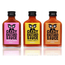 Crazy Bastard Sauce - Sample Set of 3 Hot Chili Sauces - Chipotle & Pineapple, Habanero & Tomatillo, and Ghost Pepper & Mango (3 x 100ml)