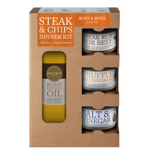 Ross & Ross Gifts - Steak and Chips Quad Kit, Containing Roast Potato Oil, 250ml, Steak Rub, 50g, Salt & Vinegar Salt, 50g and Truffle Mayonnaise,