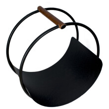 Leather Handle Round Log Holder - Iron - L42 x W30.5 x H43 cm - Black