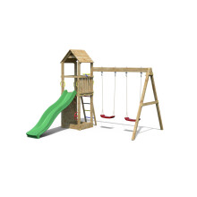 Sky High Hideout with Double Swing & Green Slide - Outdoor Play Set - Pressure Treated Wood - L524.8 x W398.2 x H210 cm
