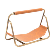 Contemporary Hanging Leather Kindling Holder - Iron - L18 x W29.5 x H20 cm - Antique Brass