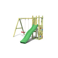 Funny 3 Rumble Ridge Rock Wall with Double Swing & Green Slide - Outdoor Play Set - Pressure Treated Wood - L396 x W375 x H272 cm