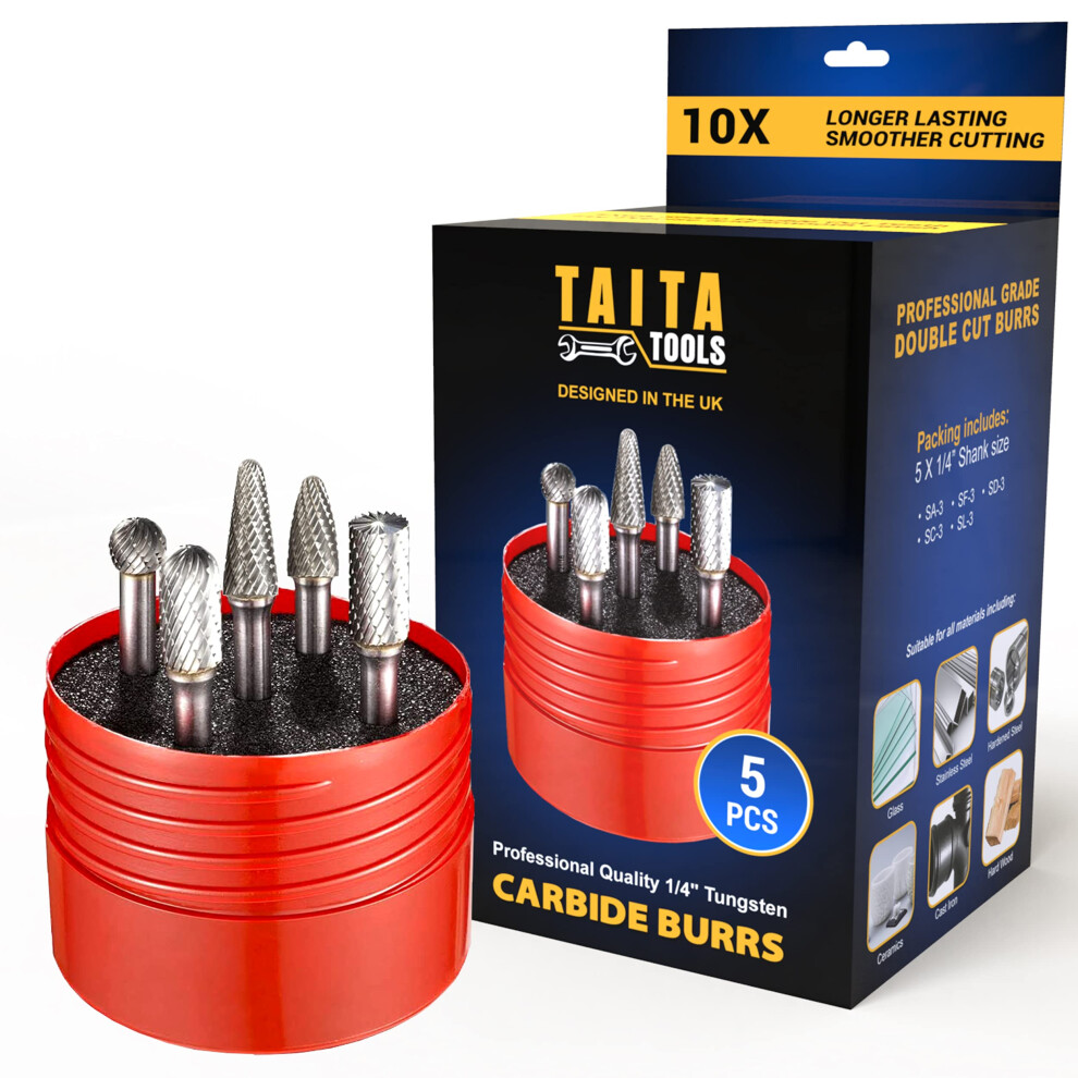 5Pc Carbide Burr Set 1/4" Shank Tungsten Double Cut Rotary Die Grinder Bits - Cutting Burrs For Most Drills And Die Grinding Accessories - Wood 5051223366157