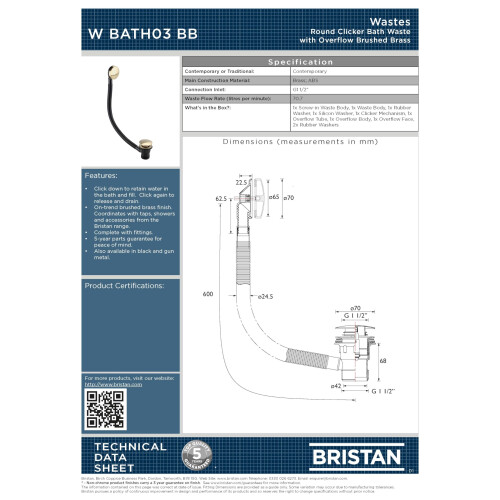 Bristan Bristan Round Clicker Bath Waste Brushed Brass 1