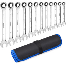 Ratchet Spanner Sets, 12PCS Combination Wrenches, 72 Tooth Ratchet Gear 8-19 mm Metric Spanner Set, Fixed Head Combination Spanner Set in Roll Bag