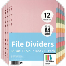 File Dividers A4, 12 Part Folder Dividers for Ring Binders & Lever Arch Files (10 Pack) Binder and Subject Dividers with Writeable Coloured Index Tabs