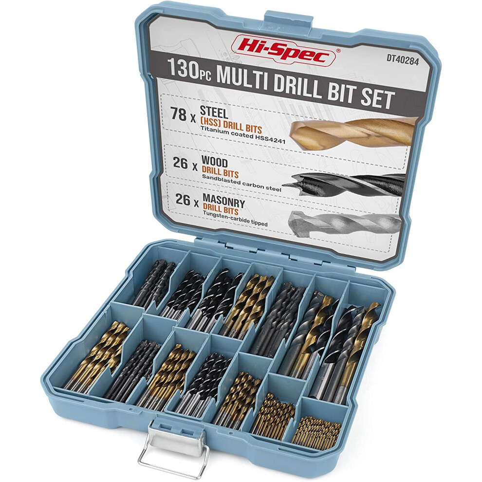 Hi-Spec 130Pc Mixed Multi Drill Bit Set. 1 To 10Mm Hss Titanium Coated, Masonry & Brad Point Steel Bits For Metal, Woods, Plastics, Brick And 8000003835908