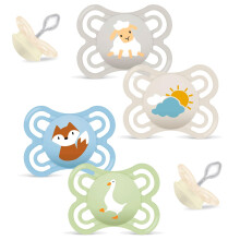 MAM Skin Soft Silicone Dummies 0-6 months Boys 4 pieces, 2 travel boxes