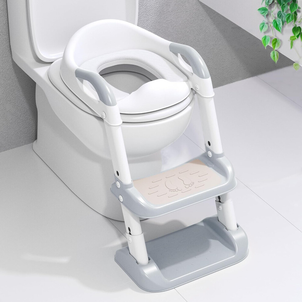 Potty Training Toilet Seat, Adjustable Height Toddler Toilet Seat and Step, Splash Guard Anti-Slip Pad Step Stool Ladder, Foldable Portable & Space