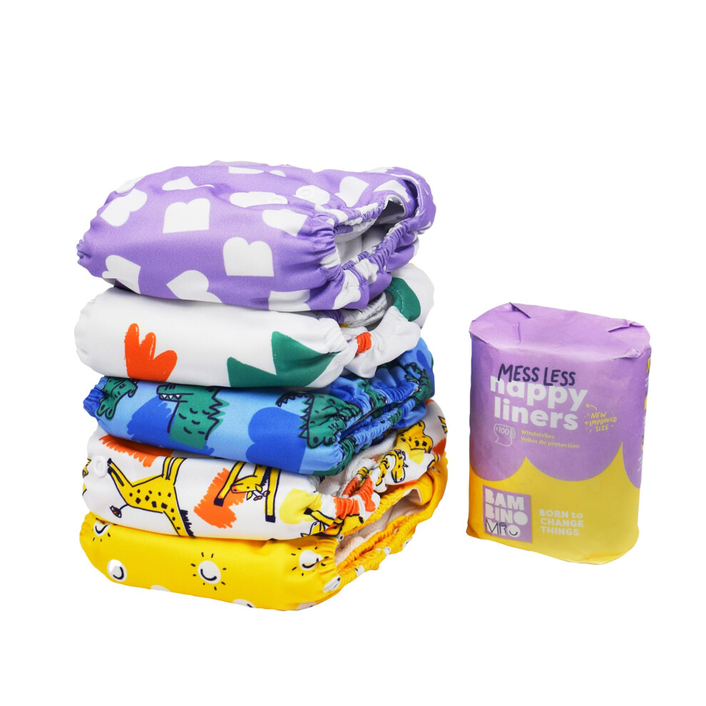 , Reusable Nappy Set - The Give-It-A-Go Bundle, 5 X Nappies, 100 Messless Liners, Brave & Bold Bambino Mio