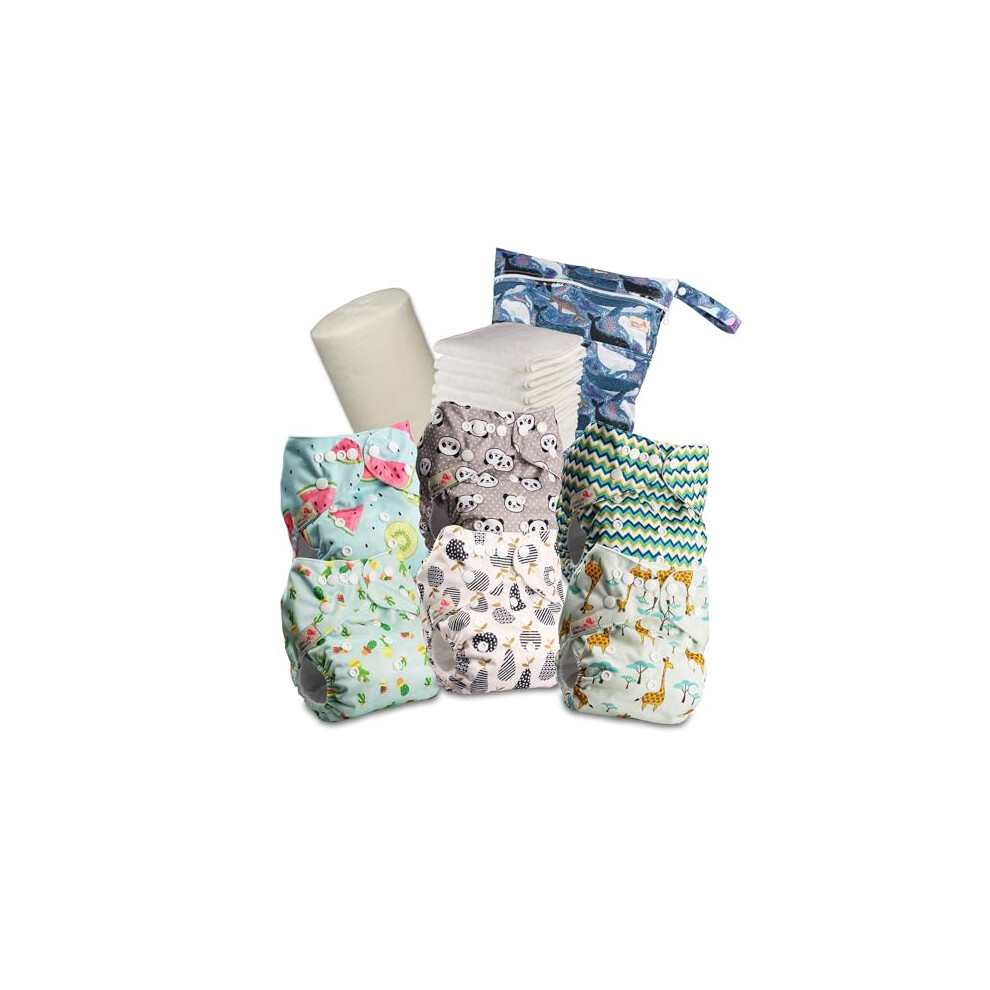 Reusable Nappies ? Pocket Cloth Nappy With Standard Poppers, 6 Nappies + 6 Microfibre Inserts, Bamboo Liner & Wet Nappy Bag 631Pm6 Littles & Bloomz