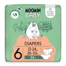 Moomin Baby Eco Nappies Size 6, 12-24 kg (26-53 lbs), 34 Sensitive Premium Diapers | CO2 Neutral | Leakage Barrier | Soft and Skin Friendly, No