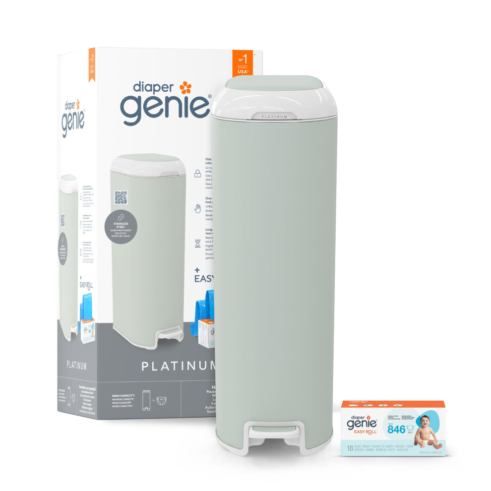 Platinum ? Stainless Steel Diaper Pail | Large Capacity 47 Diapers | Odor Control | Hands-Free Pedal | Sage Green Diaper Genie