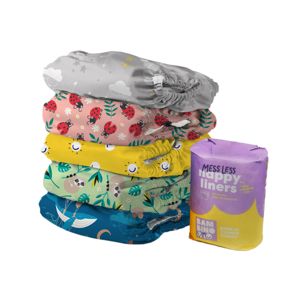 , Reusable Cloth Nappy Set - The Give-It-A-Go Washable Diaper Bundle, 5 X Nappies, 100 Messless Liners, Your Heroes Bambino Mio