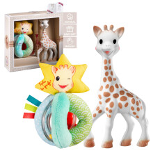 Sophie la girafe Sophiesticated Original Teether with Soft and Sense Rattle Gift Set, 100% Natural Rubber Baby Teething Toy, Baby Gift Box Set with