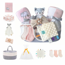 CREVENT Set for Girls -Diaper Caddy Organizer Basket with 2 Blankets, 1 Taggie, 1 Lovey, 3 Socks,1 Headband,1 Gift Bag with Ribbon - Newborn Essential