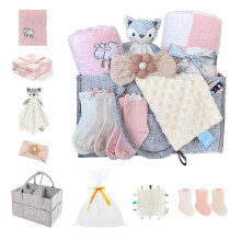 CREVENT Set for Girls -Diaper Caddy Organizer Basket with 2 Blankets, 1 Taggie, 1 Lovey, 3 Socks,1 Headband,1 Gift Bag with Ribbon - Newborn Essential