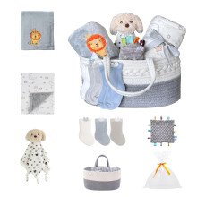 CREVENT Set for Newborns -Diaper Caddy Organizer Basket with 2 Blankets, 1 Taggie, 1 Lovey, 3 Socks,1 Gift Bag with Ribbon - Welcome Essential Gift