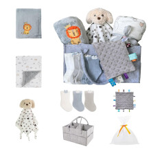 CREVENT Set for Newborns -Diaper Caddy Organizer Basket with 2 Blankets, 1 Taggie, 1 Lovey, 3 Socks,1 Gift Bag with Ribbon - Welcome Essential Gift