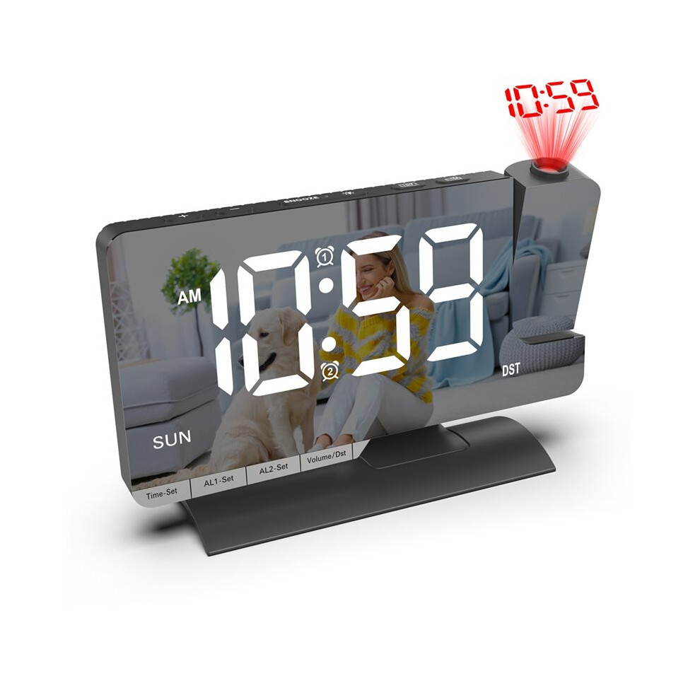 Projection Digital Clock,Alarm Clock Bedside,7.3'' Led Mirror With Date Display,Dual Alarm,Dst,Snooze Function Black 4712072359974