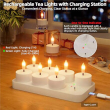 Paquete de 8 Velas de Té Recargables Sin Llama, con Base de Carga y Temporizador LED.