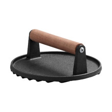 Cast Iron Meat Press Board with Wooden Handle for BBQ, Steak Grill Round Meat Press, Meat Patty Press (Round)