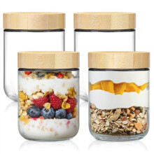 Paquete de 4 Frascos de Vidrio con Tapa Hermética de 473 Ml (16 Oz) para Avena Nocturna. Incluye Tapas de Bambú. También Son Ideales para Almacenar