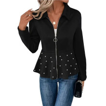 Blazer da Donna con Finiture In Perle, Aperto Sul Davanti, Maniche Lunghe, Collo A Scialle, Eleganti Giacche da Abito Nero S