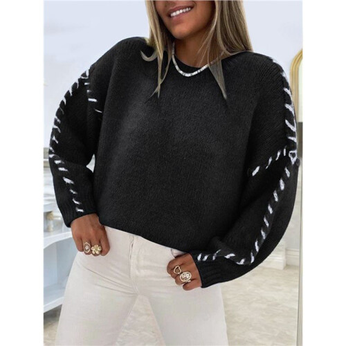 Damen Oversize-Pullover mit Kontrastnähten, Rundhalsausschnitt, Zopfmuster, Pullover Schwarz XL 1