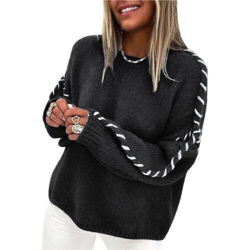 Damen Oversize-Pullover mit Kontrastnähten, Rundhalsausschnitt, Zopfmuster, Pullover Schwarz XL