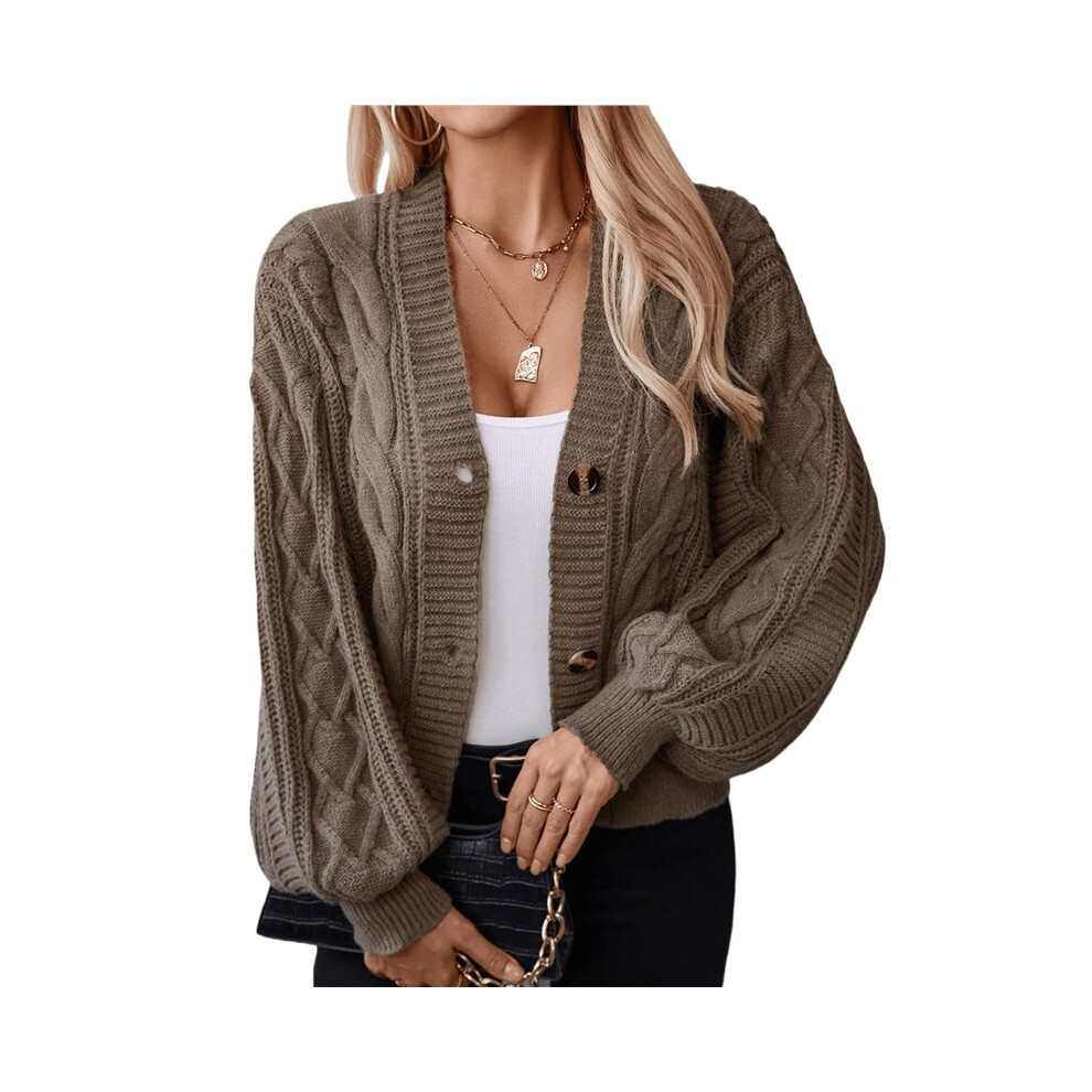 Dames Casual Lantaarnmouw Grof Kabelgebreide Trui Met Knoopsluiting Sjaalkraag Open Voorkant Cardigan Kameelkleur Xl-image