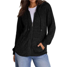 Sweaters for Women Long Sleeve Knitted Zip Hoodies Ribbed Pullover Loose Casual Sweatshirts with Pocket Black XL