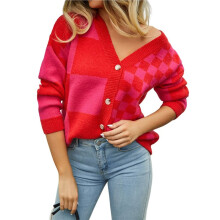 Womens Color Block Plaid Button Down Cardigan Long Sleeve Cable Knit Checkered Sweaters Tops Y2k Aesthetic Clothes Red M