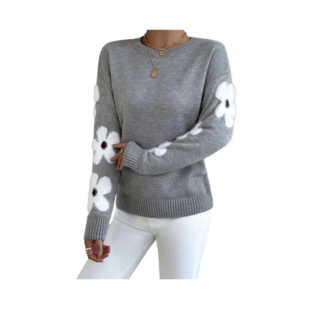 Maglioni Da Donna Con Scollo Rotondo E Maniche Lunghe A Spalla Scesa, Motivo Floreale Grigio Chiaro M-image