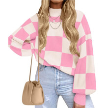 Dam Höstmode Polotröja med Lång Ärm, Rutiga, Ribbstickade, Lösa Pullovertröjor Rosa S