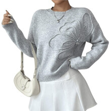 Women'S 3D Floral Appliques Crewneck Sweaters Long Sleeve Drop Shoulder Pullovers Elegant Knit Tops Gray M