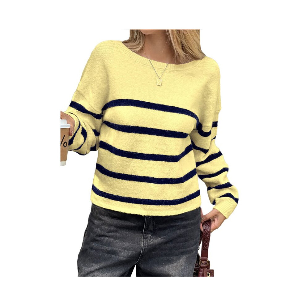 Dames Ronde Hals Cropped Trui Herfst Lange Mouwen Grof Gebreide Trui Trui Tops Geel & Blauw Xl-image