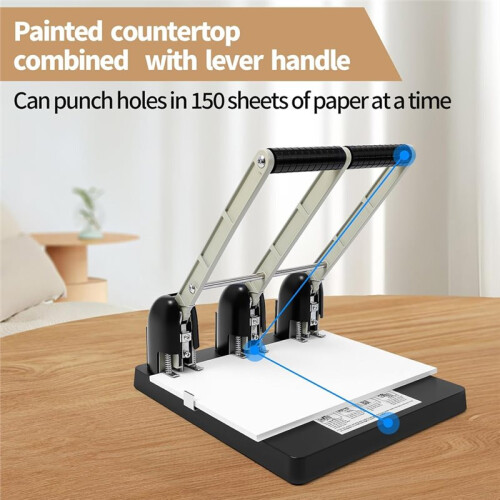 Professional 3-Hole Punch, 150 Sheet Capacity, Ergonomic Handle, Replaceable Cutter, Large Tray 1