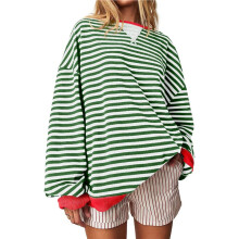 Women Striped Sweatshirts Oversized Crewneck Long Sleeve Shirts Y2K Pullover Top Fall Outfits Grass Green XL