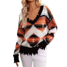 Stickad Tröja för Kvinnor, Västerländsk Aztekisk, Långärmad, Vintagegeometrisk Pullover, V-Ringad, Sliten, Kort Tröja Svart XL