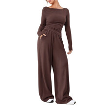 Women'S 2 Piece Matching Lounge Set Long Sleeve Boat Neck Top Wide Leg Pants Casual Sweatsuit Brown M