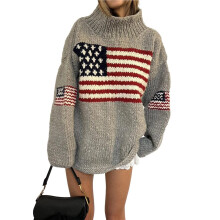 Women'S Flag Pattern Long Sleeve Round Neck Sweater Casual Loose Pullover Sweater Gray XL
